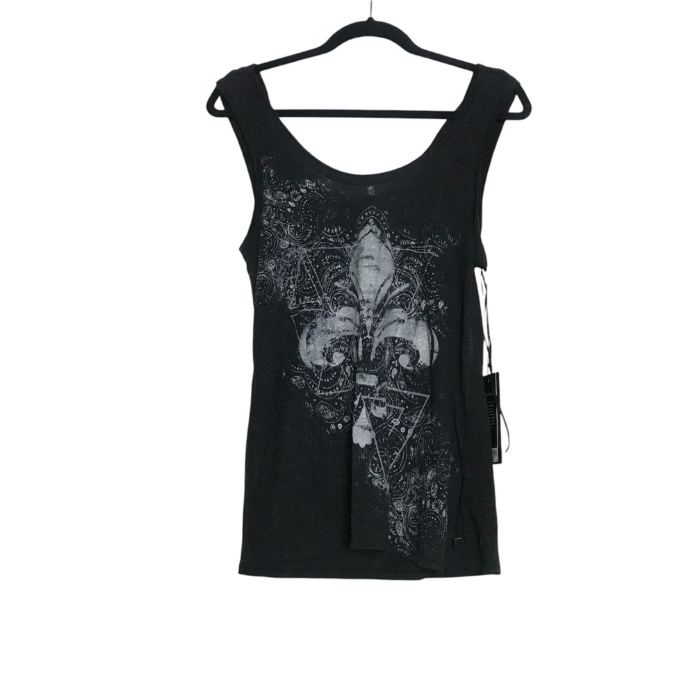 Rock & Republic Womens Y2K Bling Black Fleur De Lis Glitter Graphic Tank Size M